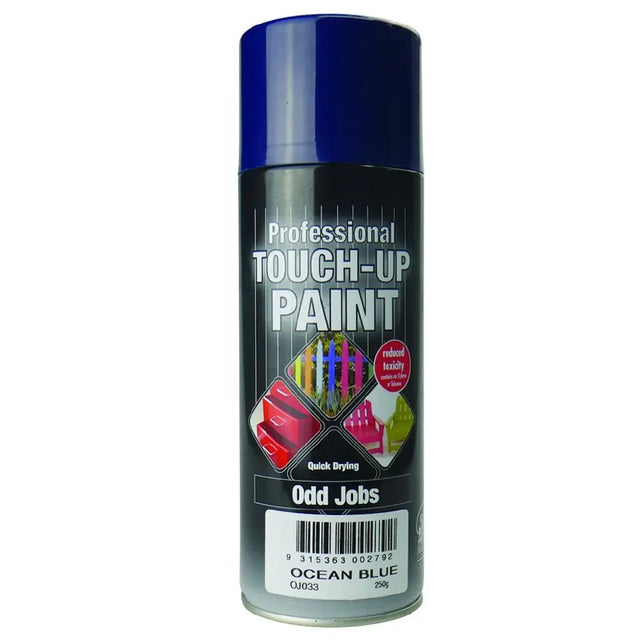 Can of professional touch-up paint labeled 'Odd Jobs' in ocean blue on a white background