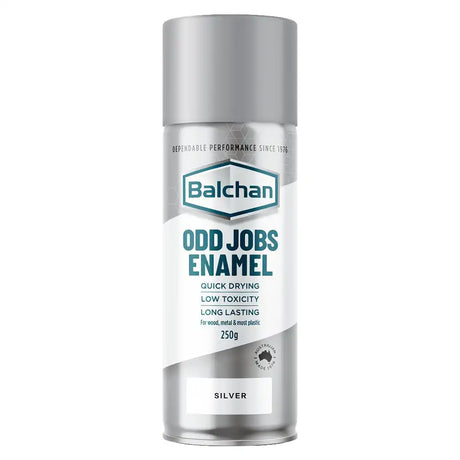 Balchan Odd Jobs Enamel silver spray can on a white background