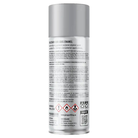 Silver spray paint can with text and symbols on a white background