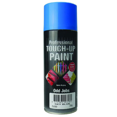 Can of professional touch-up paint with blue cap on a white background