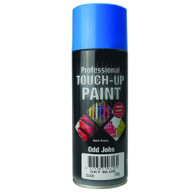 Can of professional touch-up paint with blue cap on a white background