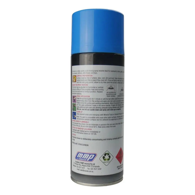 Spray can with blue cap and visible MRP branding on a white background