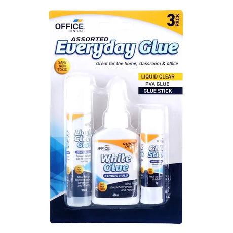 Assorted Everyday Glue packaging with Office Central branding on a white background