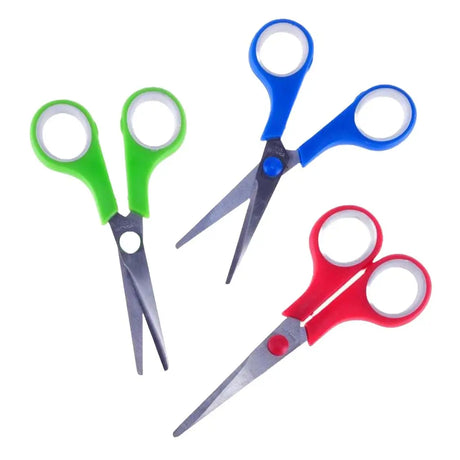 Three pairs of scissors with green, blue, and red handles on a white background