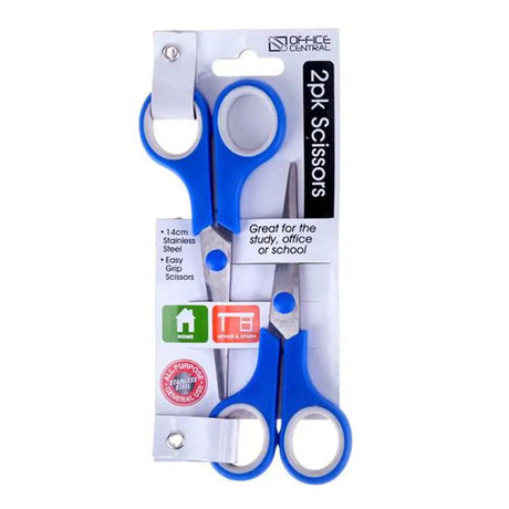 Two pairs of blue-handled scissors in a packaging with 'Office Central' branding.
