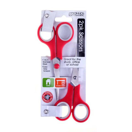 Two red scissors in packaging with branding on a white background