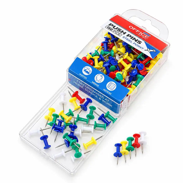 A clear plastic package of multicolor push pins with a blue and red header card, shown on a white background with some pins spilled out of the container.