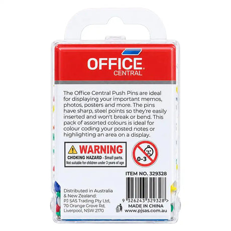 Office Central Push Pins in a clear plastic blister pack with a red header card, showing the product packaging and text details.