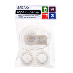 Packaged tape dispenser with three rolls of tape, branded 'Office Central'.