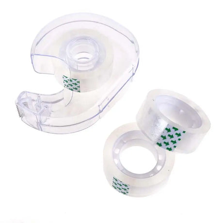 Clear tape dispenser with two rolls of tape on a white background