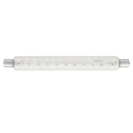 Clear rolling pin with metal ends on a white background