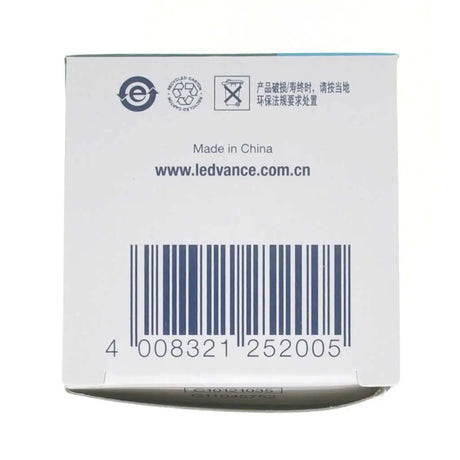 Back of a cylindrical product packaging with a barcode and LEDVANCE branding.