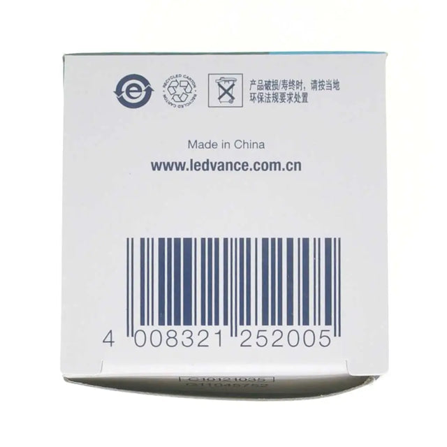Back of a cylindrical product packaging with a barcode and LEDVANCE branding.