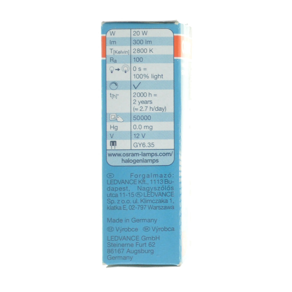 Osram Halostar Starlite Bi-Pin Halogen Light Bulb GY6.35 12V 20W 64427S