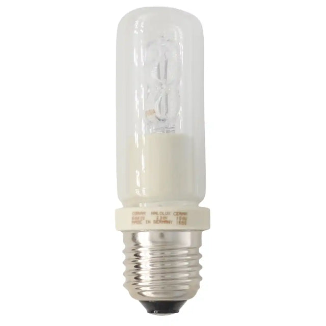 Osram JDD Halolux Ceram E27 230V 150W clear halogen light bulb showing compact JDD form factor and E27 Edison screw base on white background