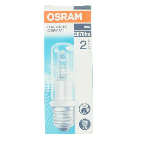 Osram JDD Halolux Ceram 150W halogen bulb side profile showing 32mm diameter x 105mm length on white background