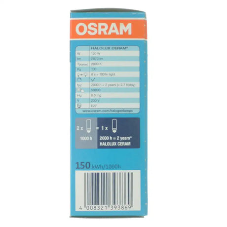 Osram JDD Halolux Ceram 150W retail packaging front showing CRI 100 professional halogen specifications and Osram branding