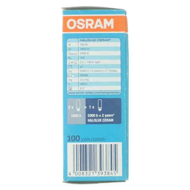 Osram JDD Halolux Ceram retail packaging front showing 100W CRI 100 professional halogen specifications and Osram branding