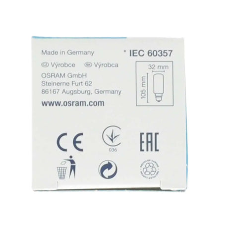 OSRAM light bulb packaging with product details and certifications on a white background