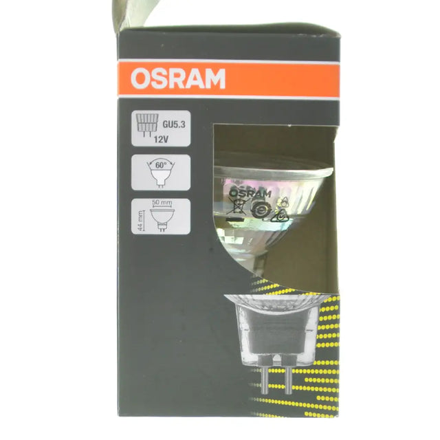 OSRAM light bulb packaging with clear bulb inside on a white background