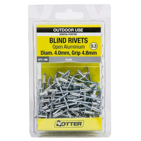 Pack of blind rivets with packaging indicating outdoor use and product details.