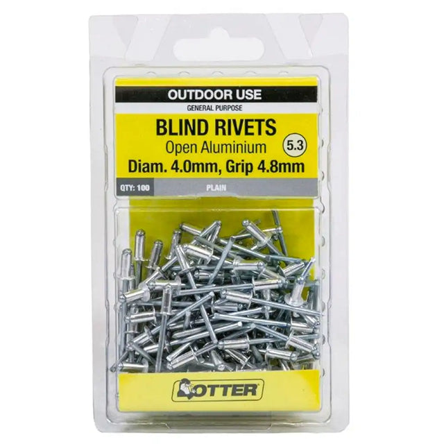 Pack of blind rivets with packaging indicating outdoor use and product details.