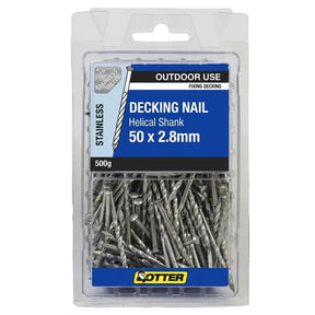 Pack of decking nails with packaging labeled 'Outdoor Use' and 'Rotter'.