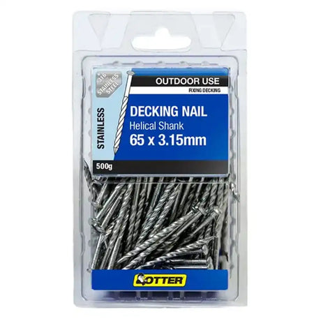 Pack of decking nails with packaging labeled 'Outdoor Use' and 'Lotter'.