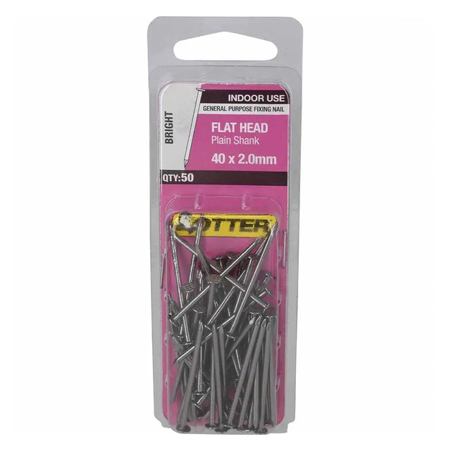 Pack of flat head nails with a visible brand logo on a white background