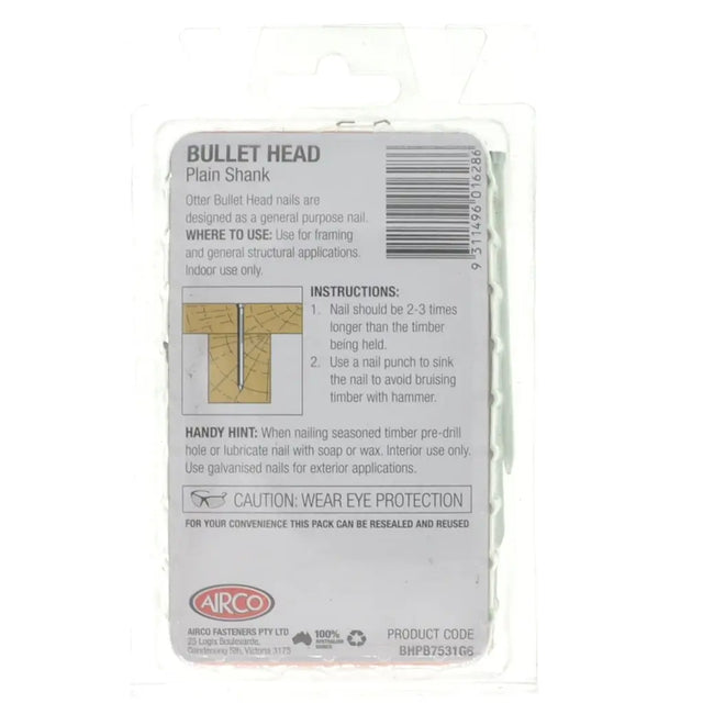 Packaging of bullet head nails with Airco branding on a white background