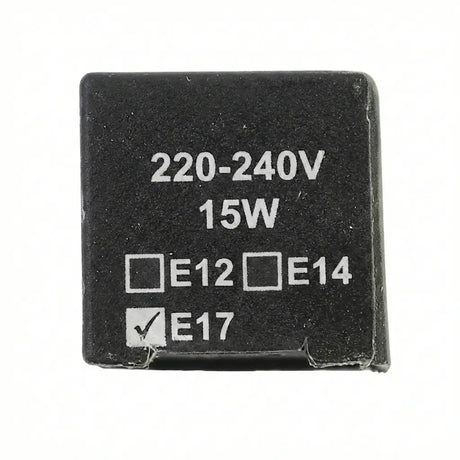 Black square electronic component with voltage and power rating on a white background