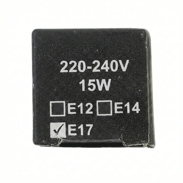 Black square electronic component with voltage and power rating on a white background