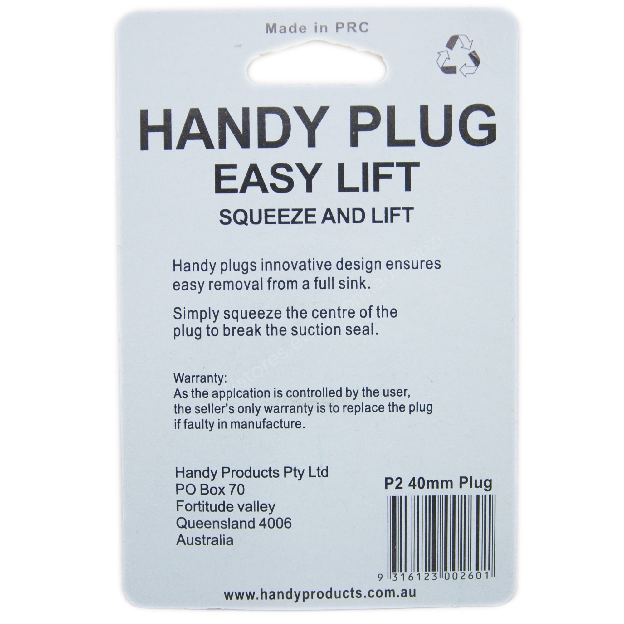 HANDY PRODUCT Handy Plug Easy Squeeze and Lift 40mm For Hand Basin P2