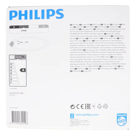 Philips LED lamp packaging with specifications and branding.