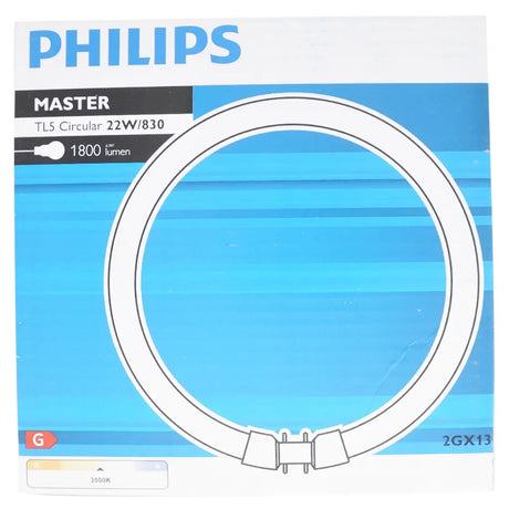 Philips Master TLS 2GX13 Circular light bulb packaging on a blue and white background