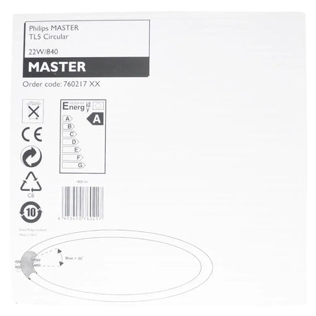 Philips MASTER LED light bulb packaging with label and diagram on a white background