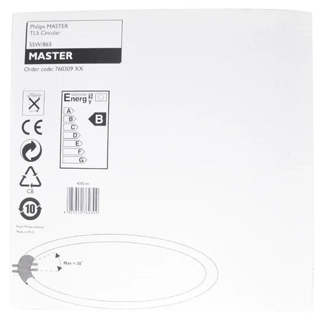 Back of a Philips MASTER light bulb packaging with certification logos and specifications.