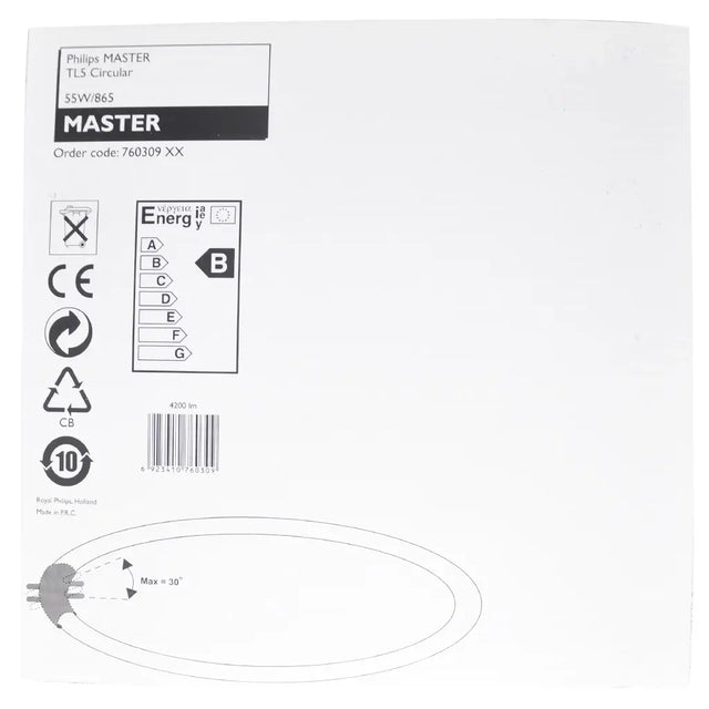 Back of a Philips MASTER light bulb packaging with certification logos and specifications.