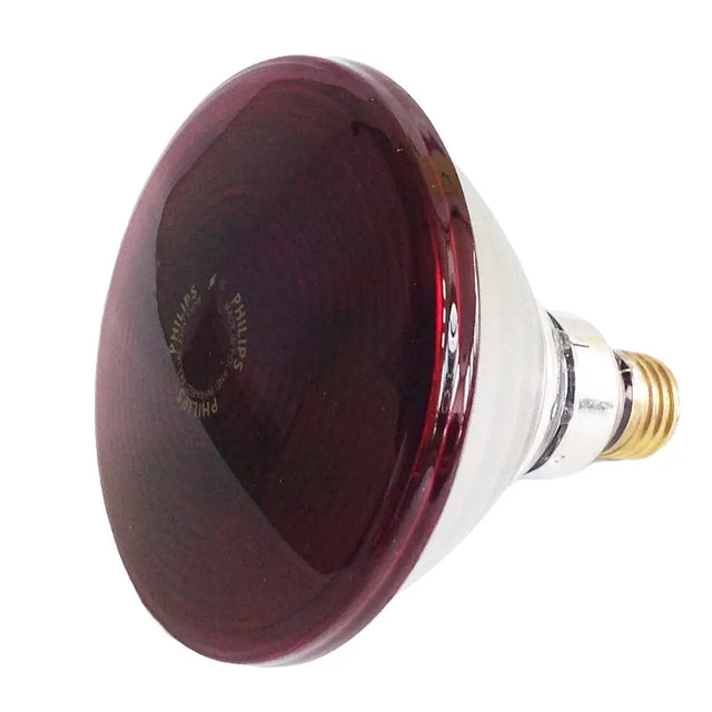 Red heat lamp bulb with Philips logo on a white background
