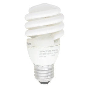 Philips Tornado Spiral E27 220-240V 15W warm white CFL light bulb showing white spiral tube and Edison screw base on white background