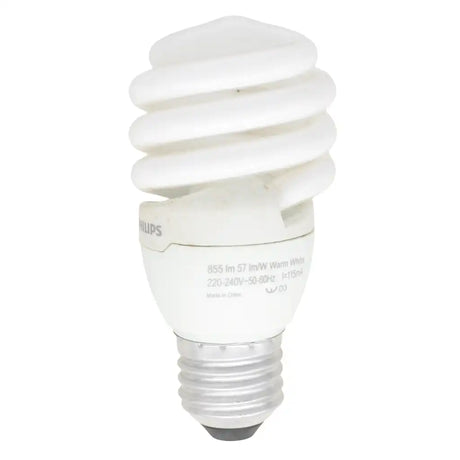Philips Tornado Spiral E27 220-240V 15W warm white CFL light bulb showing white spiral tube and Edison screw base on white background