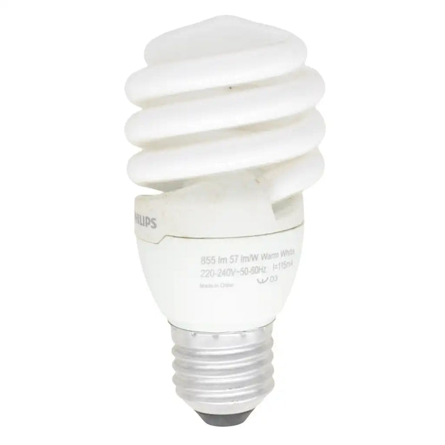 Philips Tornado Spiral E27 220-240V 15W warm white CFL light bulb showing white spiral tube and Edison screw base on white background