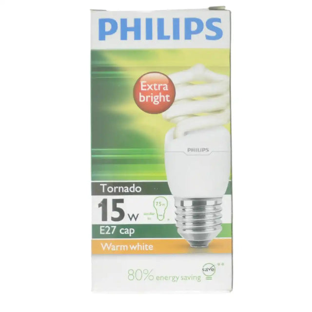 Philips Tornado Spiral E27 220-240V 15W warm white CFL light bulb packaging showing bulb illustration, E27 cap and warm white label on white background