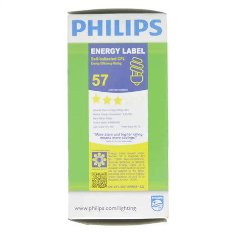 Philips Tornado Spiral E27 220-240V 15W warm white CFL light bulb packaging showing energy label and spiral bulb icon on white background