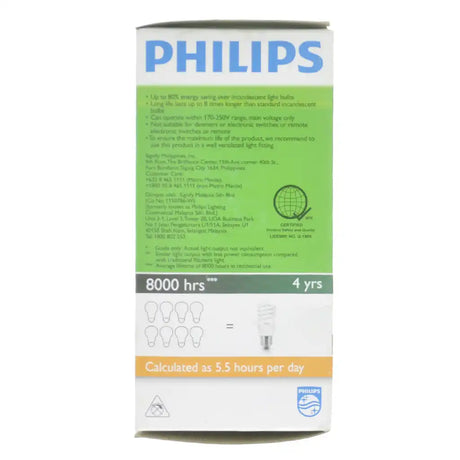 Philips Tornado Spiral E27 220-240V 15W warm white CFL light bulb packaging showing instructions and 8000-hour life marking on white background