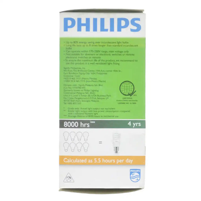 Philips Tornado Spiral E27 220-240V 15W warm white CFL light bulb packaging showing instructions and 8000-hour life marking on white background