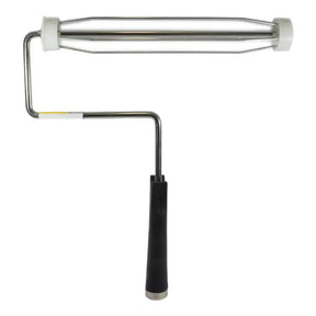 Paint roller with black handle on a white background