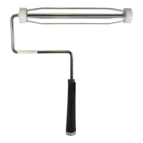 Paint roller with black handle on a white background