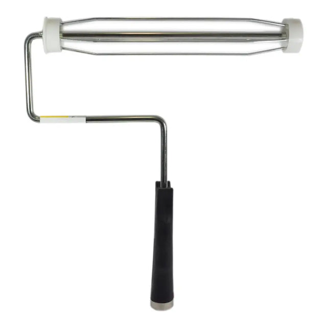 Paint roller with black handle on a white background