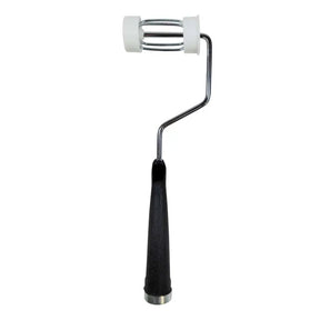 Paint roller with black handle and white roller frame on a white background